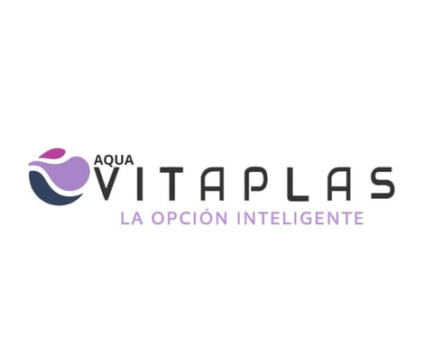 Aqua Vitaplas logo with tagline La Opcion Inteligente, featuring purple and dark blue circular design